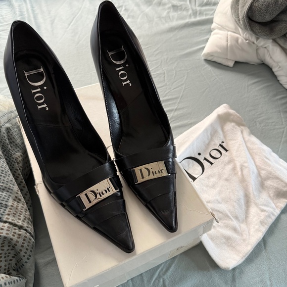90s Vintage Christian Dior Black Leather Pumps - Picture 1 of 4